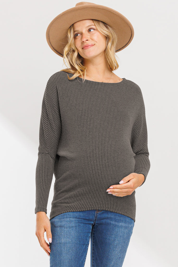 Mocha Rib Knit Boat Neck Dropped Shoulder Long Sleeve Maternity Top