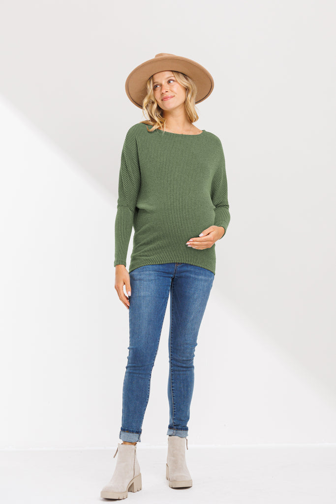 Olive Rib Knit Boat Neck Dropped Shoulder Long Sleeve Maternity Top