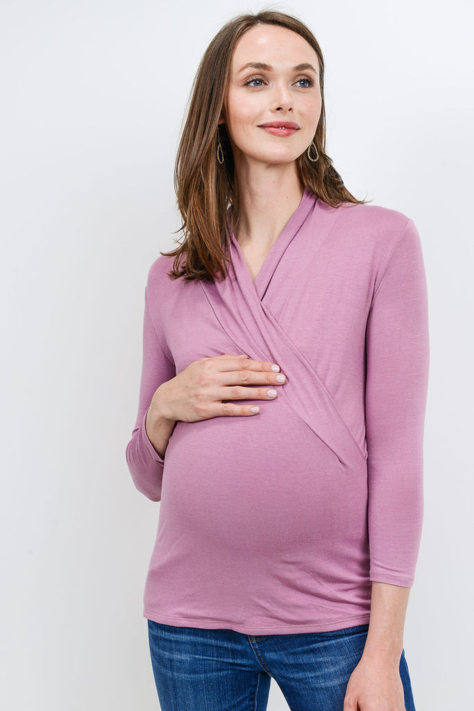 Dark Mauve Surplice Long Sleeve Maternity & Nursing Top