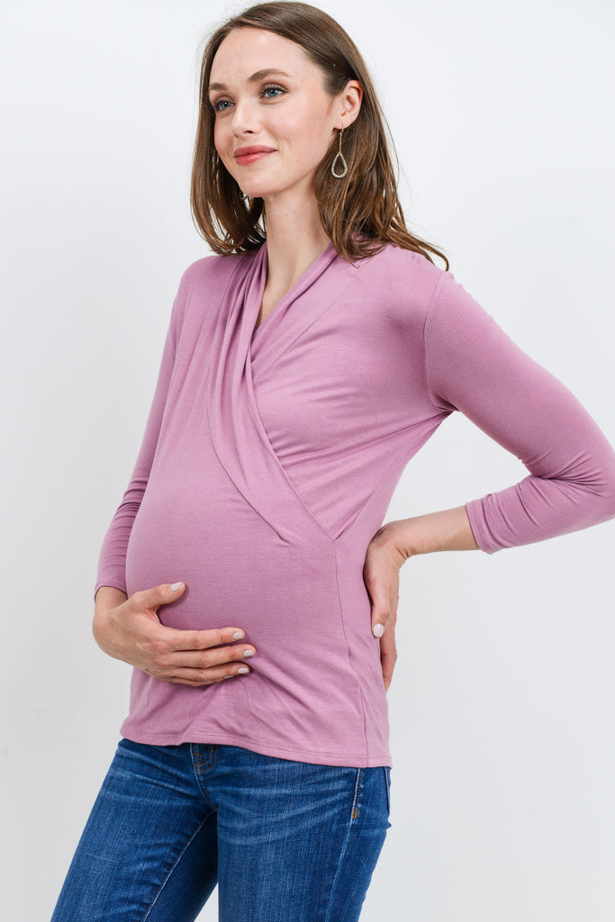 Dark Mauve Surplice Long Sleeve Maternity & Nursing Top