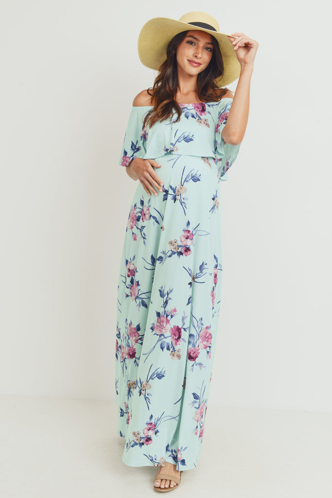 Mint Floral Off Shoulder Maternity Maxi Dress