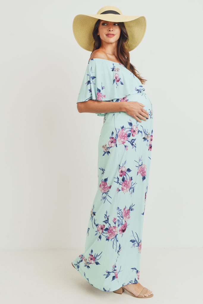 Mint Floral Off Shoulder Maternity Maxi Dress