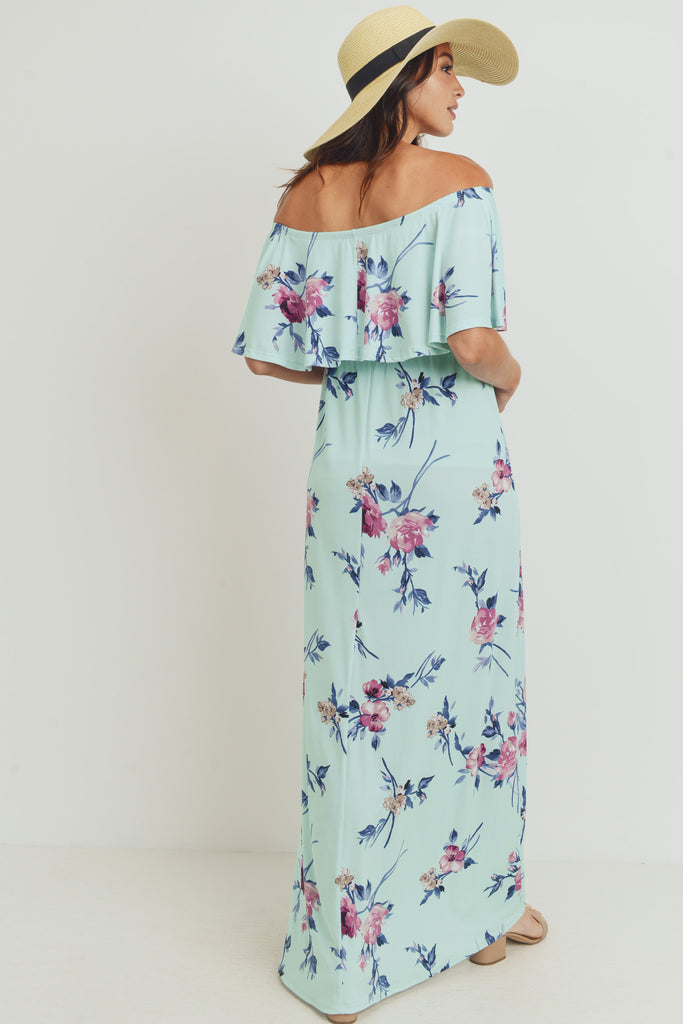 Mint Floral Off Shoulder Maternity Maxi Dress