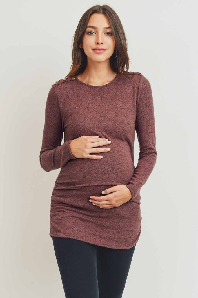 Dark Berry Brushed Rayon Hacci Maternity Shoulder Button Detail Top
