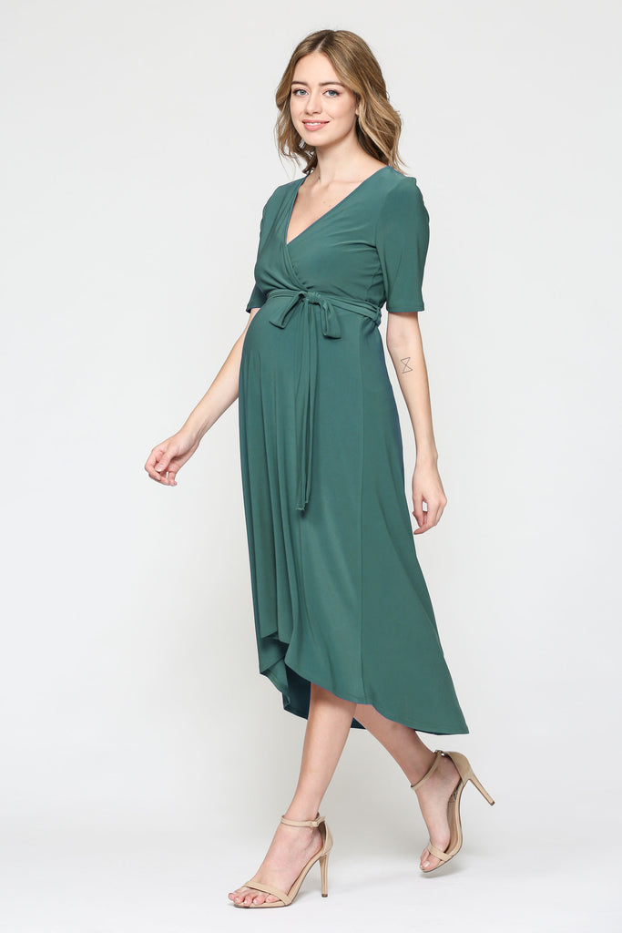 Hunter Green Solid Tie Waist High-Low Maternity/Nursing Dress