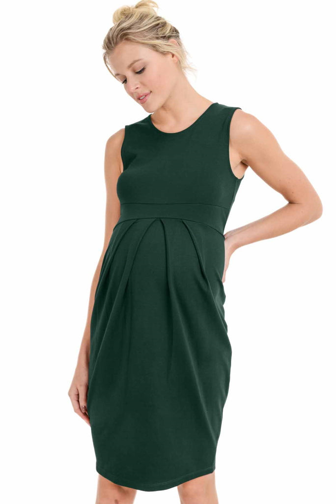 Green Front Pleated Maternity Sleeveless Dress