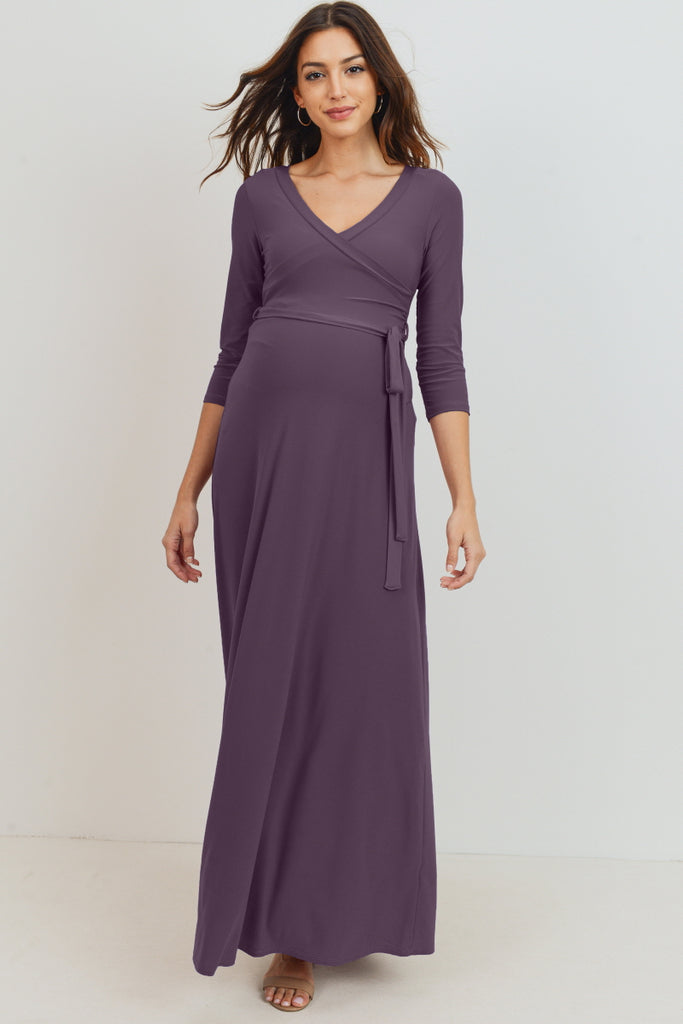 Berry Tie Front Maternity/Nursing Wrap Maxi Dress