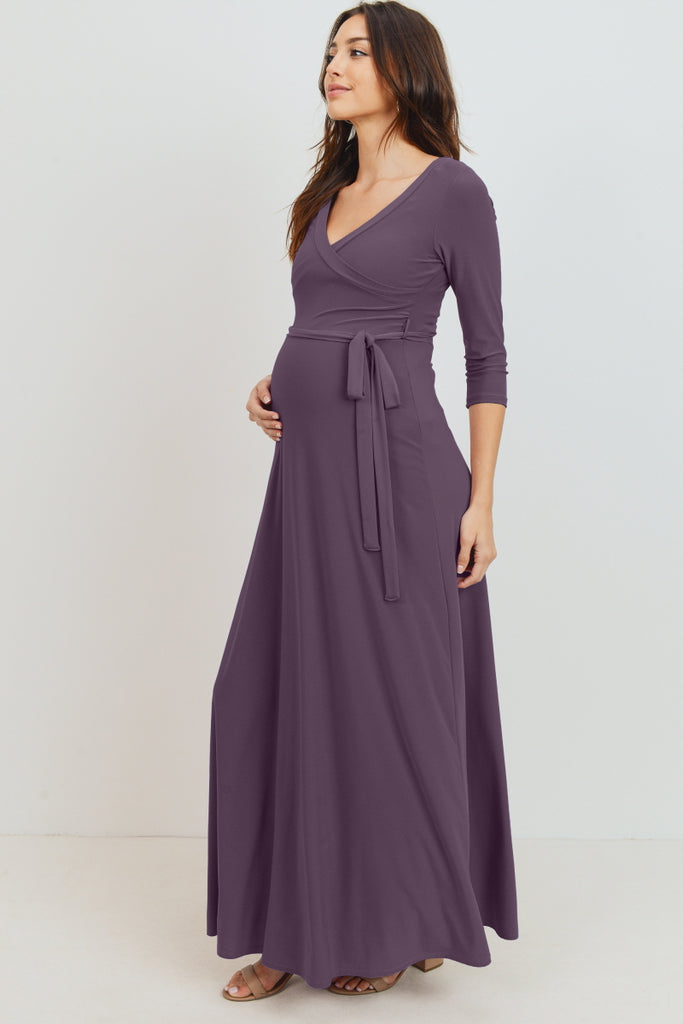 Berry Tie Front Maternity/Nursing Wrap Maxi Dress
