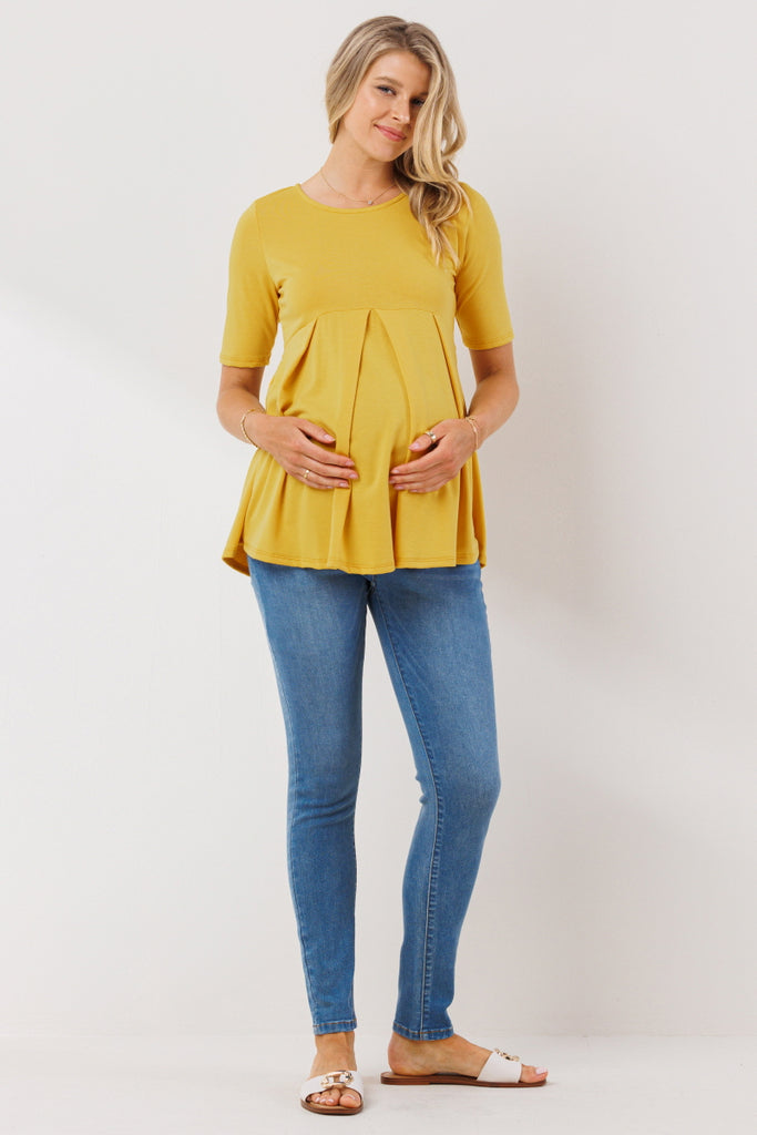 Light Mustard Solid Front Pleat Peplum Maternity Top