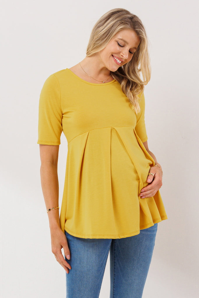 Light Mustard Solid Front Pleat Peplum Maternity Top