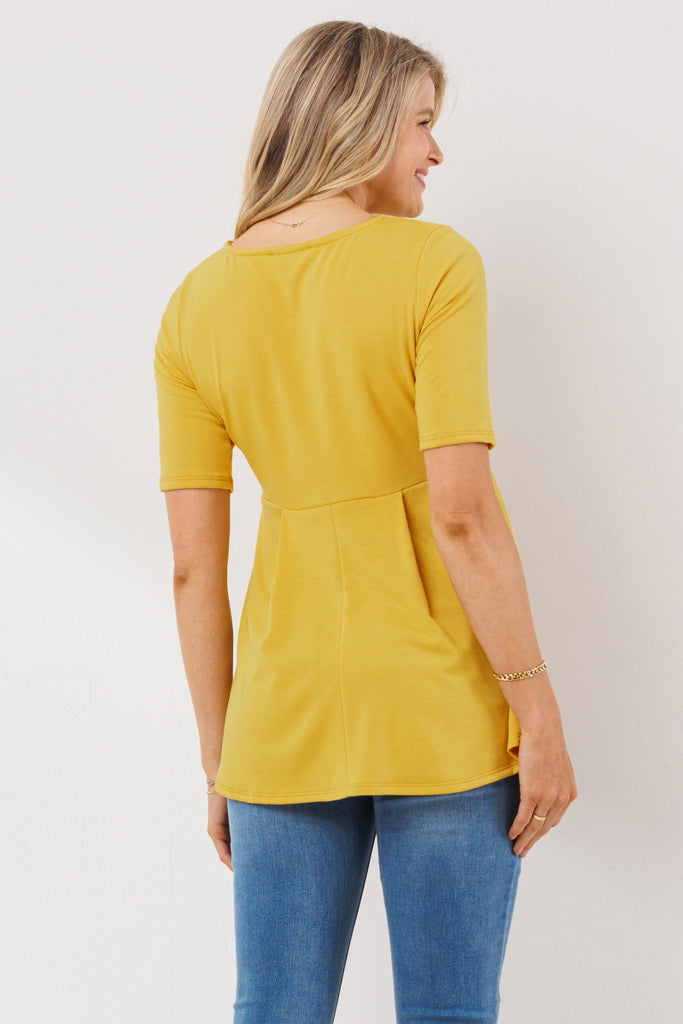 Light Mustard Solid Front Pleat Peplum Maternity Top