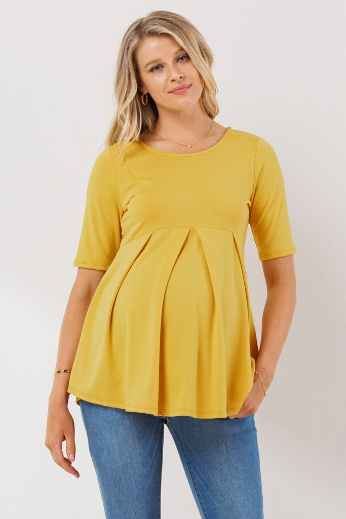 Light Mustard Solid Front Pleat Peplum Maternity Top