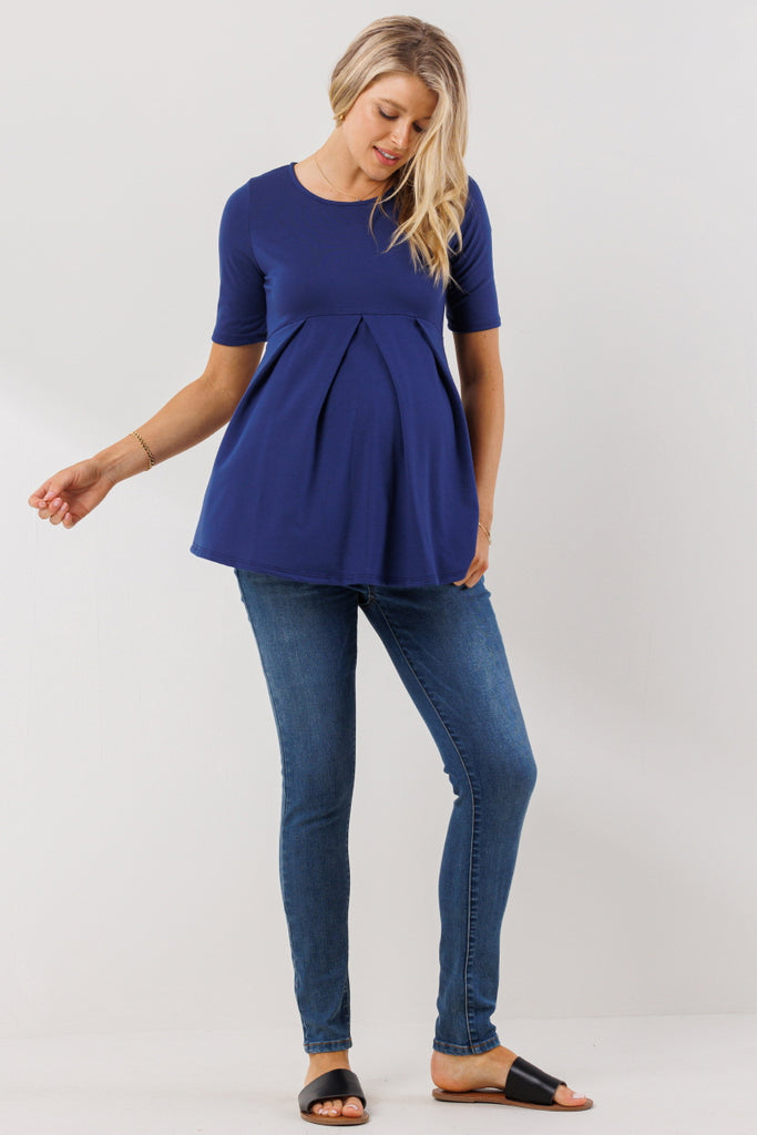 Light Navy Solid Front Pleat Peplum Maternity Top