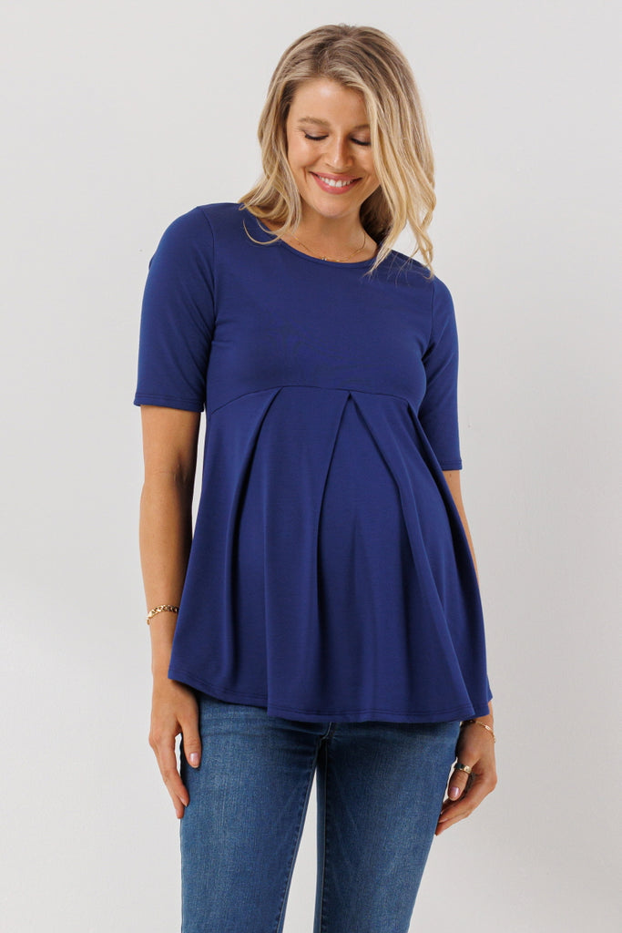 Light Navy Solid Front Pleat Peplum Maternity Top