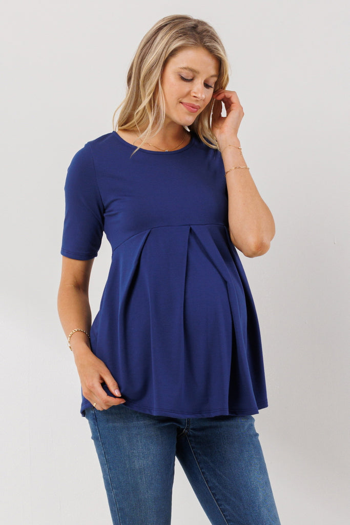 Light Navy Solid Front Pleat Peplum Maternity Top