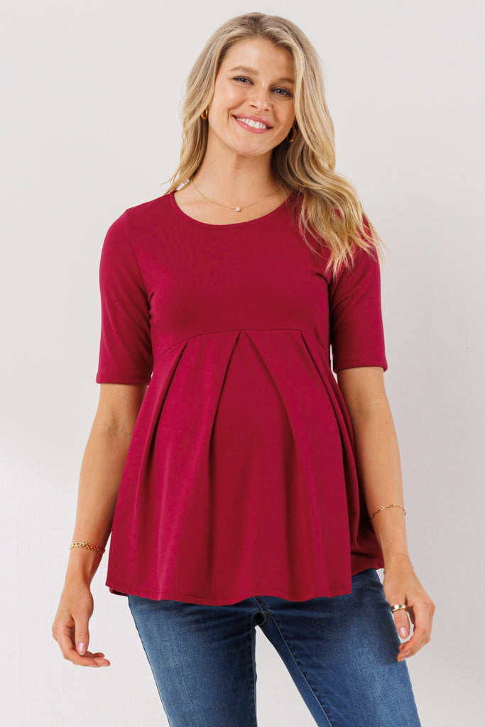 Dark Berry Solid Front Pleat Peplum Maternity Top