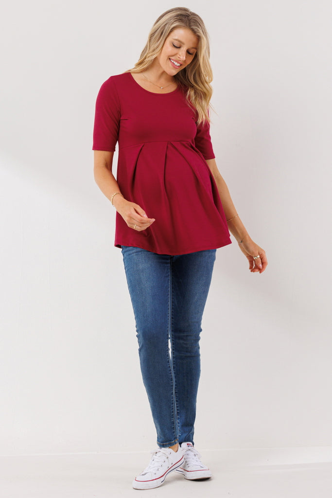 Dark Berry Solid Front Pleat Peplum Maternity Top