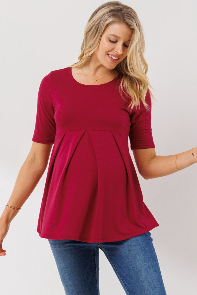 Dark Berry Solid Front Pleat Peplum Maternity Top