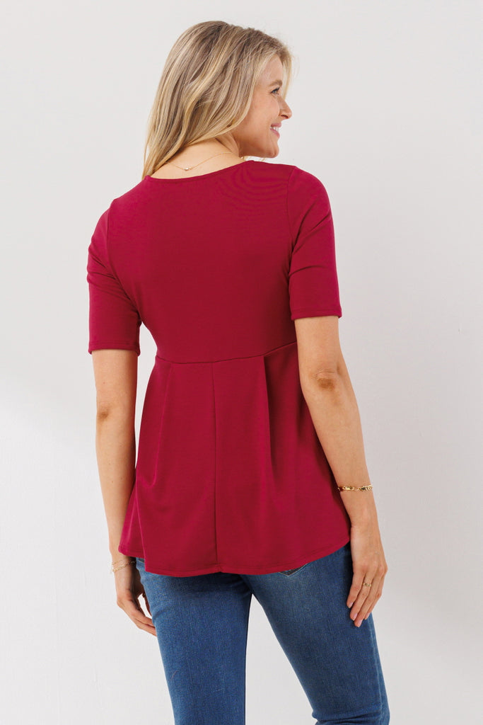 Dark Berry Solid Front Pleat Peplum Maternity Top