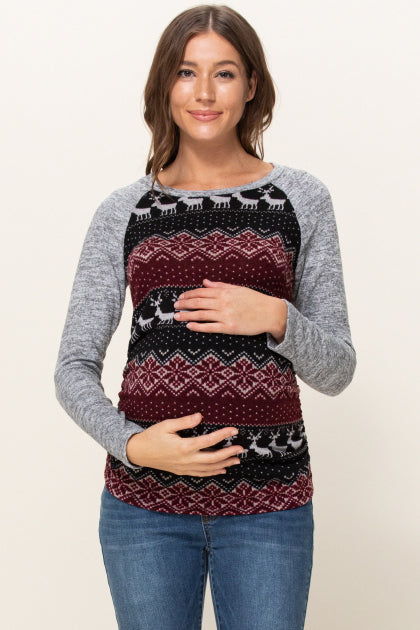Burgundy/Grey Color Block Sweater Knit Maternity Top