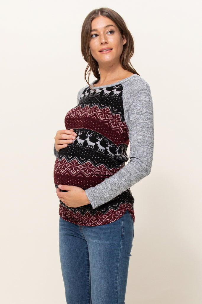 Burgundy/Grey Color Block Sweater Knit Maternity Top