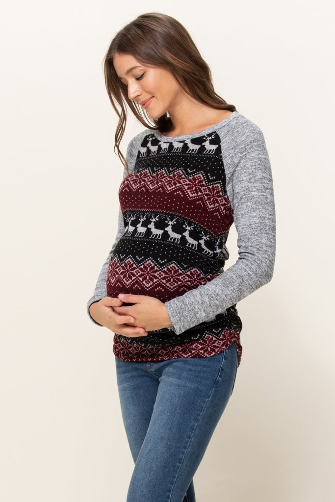 Burgundy/Grey Color Block Sweater Knit Maternity Top