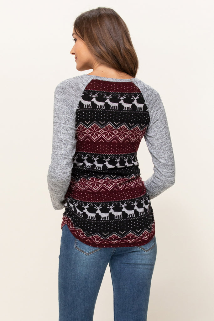 Burgundy/Grey Color Block Sweater Knit Maternity Top