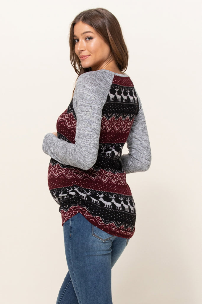 Burgundy/Grey Color Block Sweater Knit Maternity Top