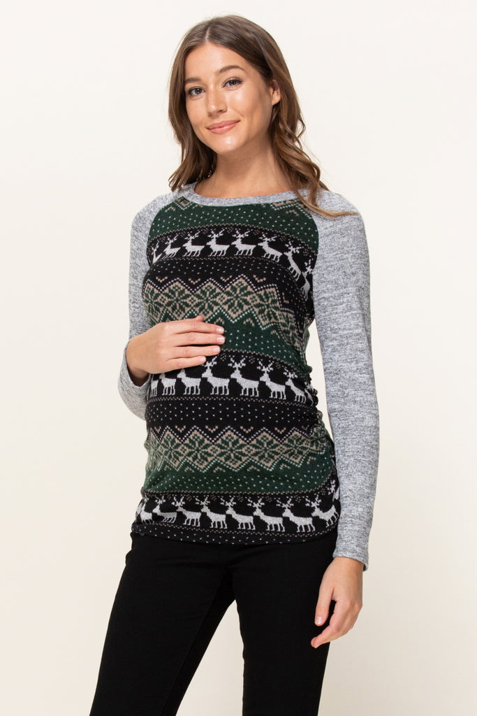 Green/Grey Color Block Sweater Knit Maternity Top