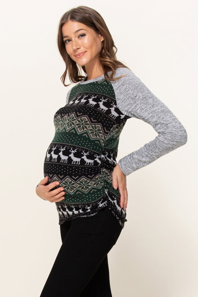Green/Grey Color Block Sweater Knit Maternity Top