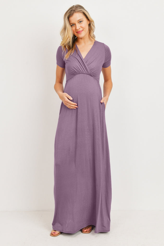 Dusty Lilac Surplice Short Sleeve Maternity Maxi Dress