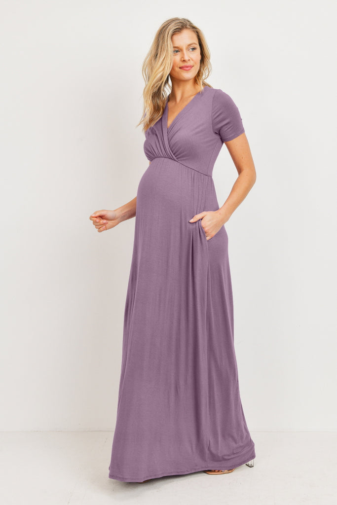 Dusty Lilac Surplice Short Sleeve Maternity Maxi Dress