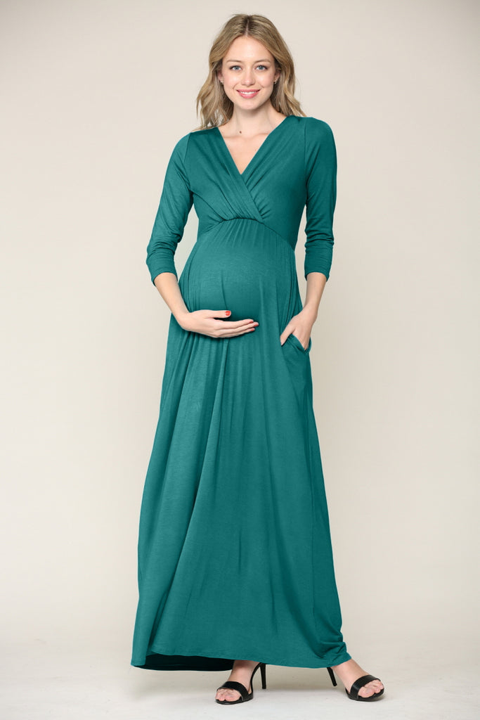 Teal 3/4 Sleeve Surplice Maternity/Nursing Maxi Dress 