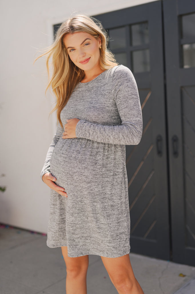 Heather Grey Knit Long Sleeve Front Pleat Side Pocket Maternity Dress Front Outdoor