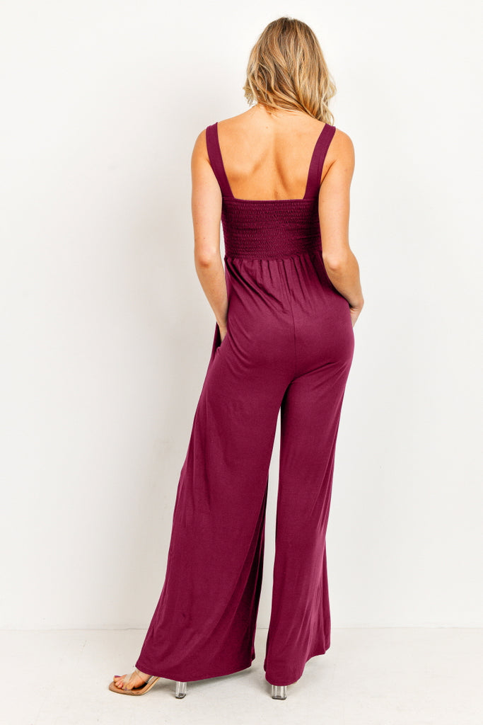 Burgundy Square Neck Smocked Maternity Flared Jumpsuit