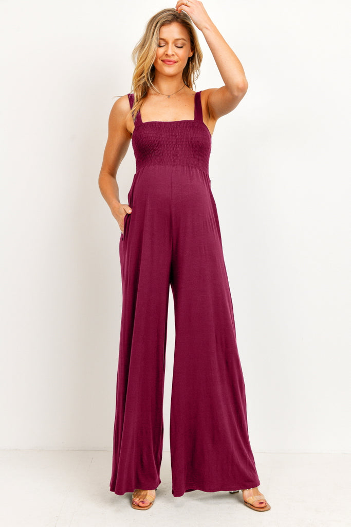 Burgundy Square Neck Smocked Maternity Flared Jumpsuit