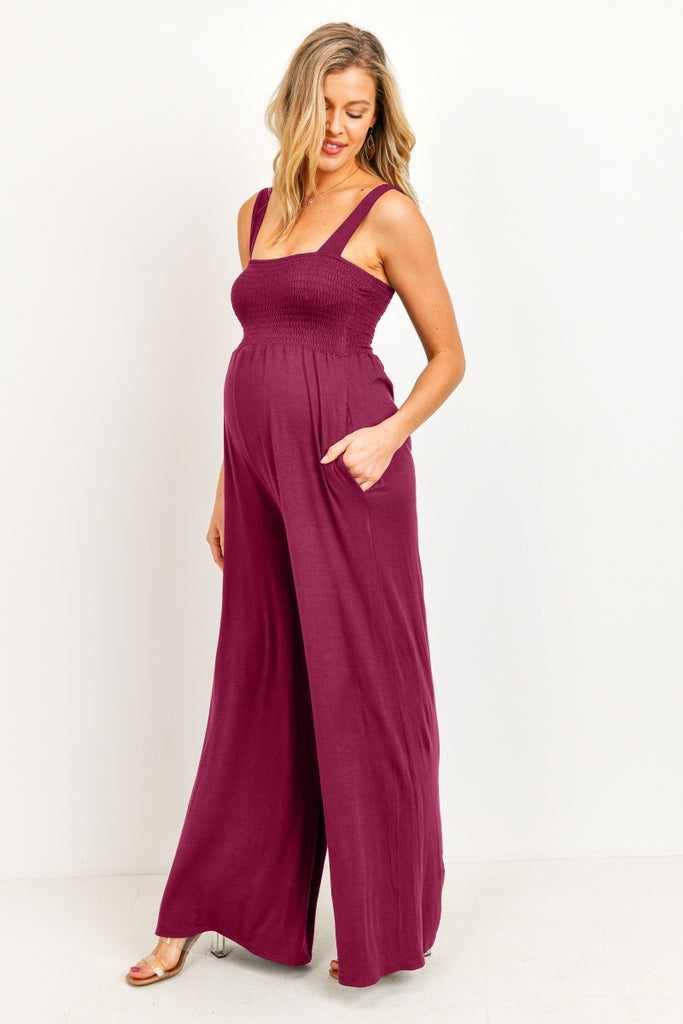 Burgundy Square Neck Smocked Maternity Flared Jumpsuit