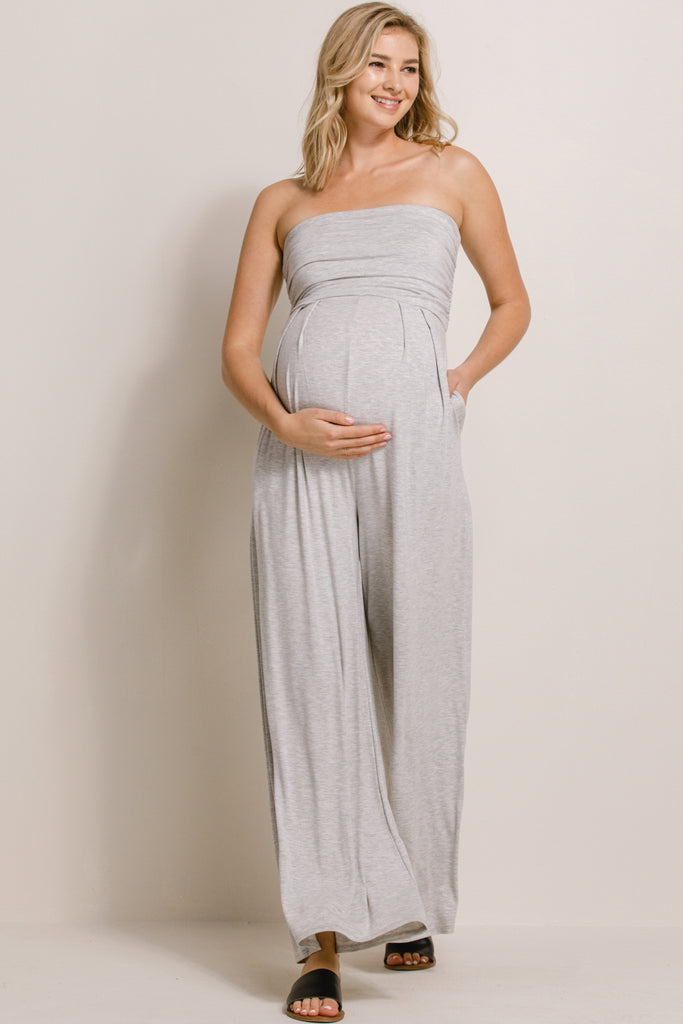 Heather Grey Solid Rayon Jersey Ruched Maternity Jumpsuit