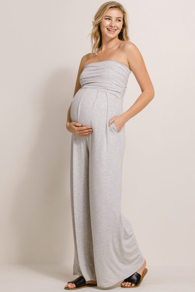 Heather Grey Solid Rayon Jersey Ruched Maternity Jumpsuit