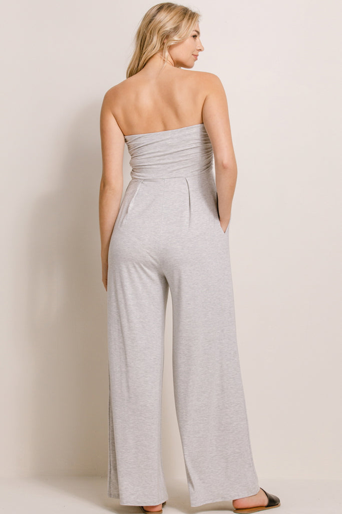 Heather Grey Solid Rayon Jersey Ruched Maternity Jumpsuit