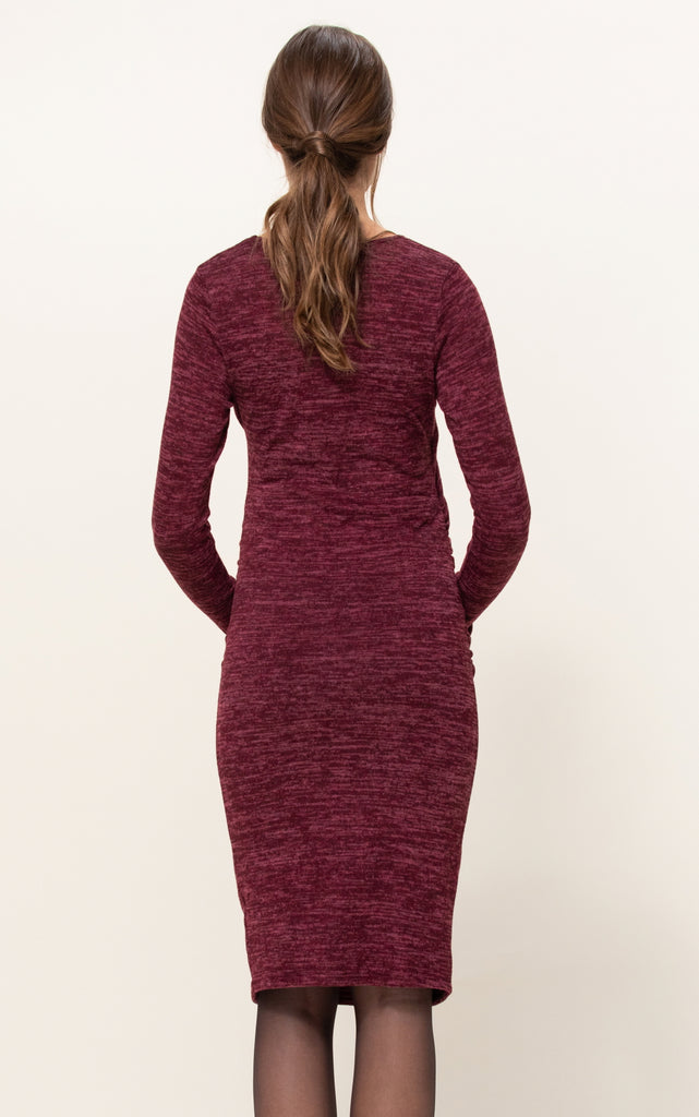 Burgundy Two-Tone Sweater Knit Fitted Maternity/Nursing Dress