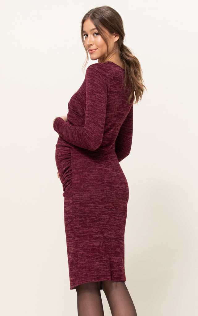 Burgundy Two-Tone Sweater Knit Fitted Maternity/Nursing Dress