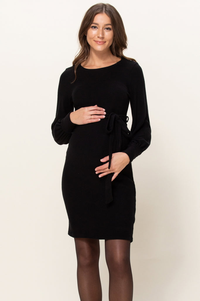 Black Cashmere-Like Sweater Knit Waist Belt Maternity Dress