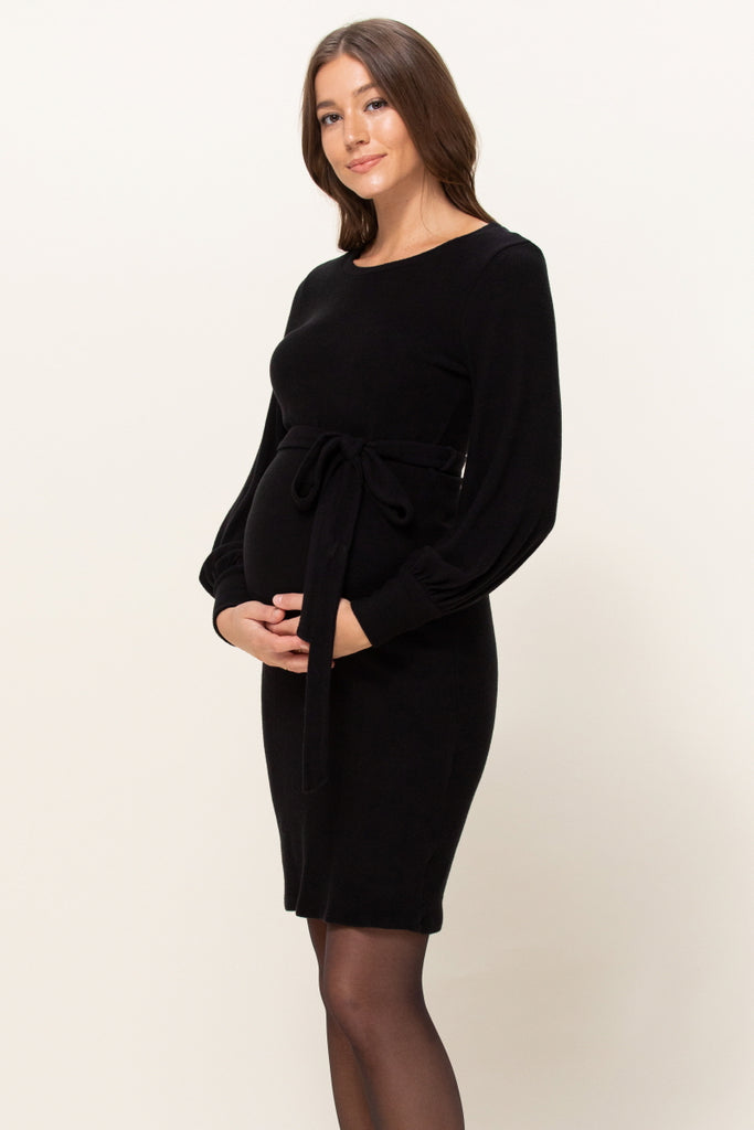 Black Cashmere-Like Sweater Knit Waist Belt Maternity Dress