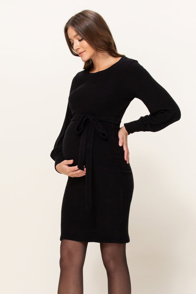 Black Cashmere-Like Sweater Knit Waist Belt Maternity Dress