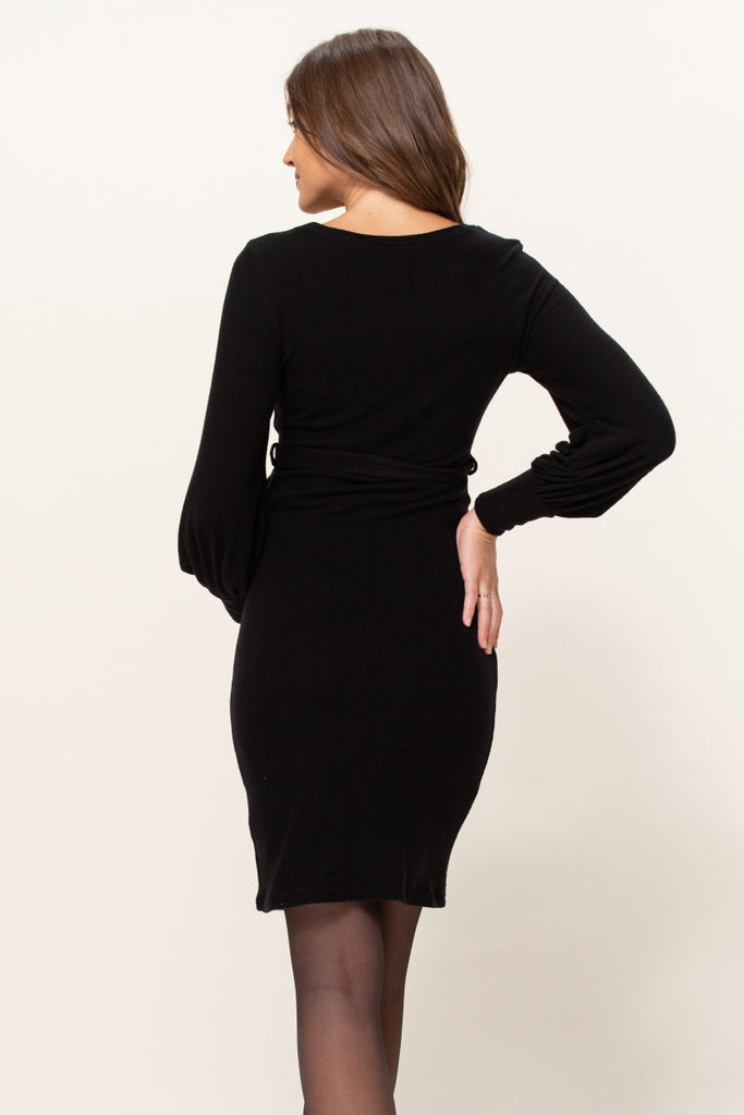 Black Cashmere-Like Sweater Knit Waist Belt Maternity Dress
