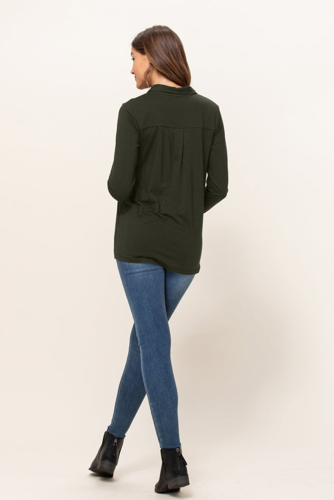 Dark Olive Viscose/Cotton Blend Jersey Long Sleeve Maternity Blouse