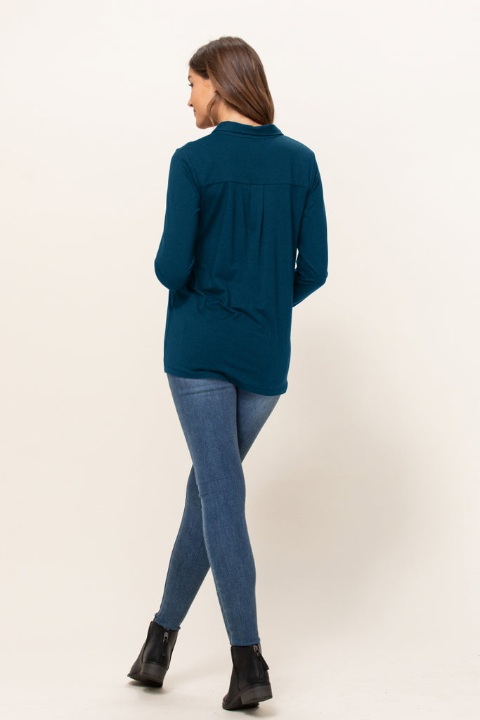 Teal Viscose/Cotton Blend Jersey Long Sleeve Maternity Blouse