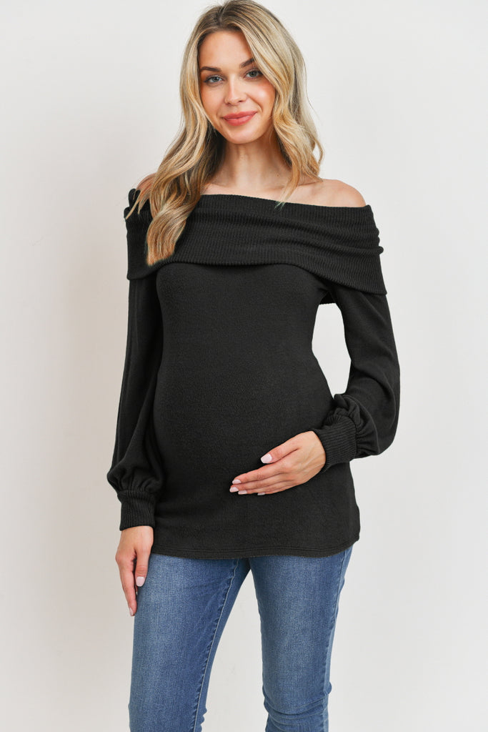 Black Cashmere Like Sweater Knit Off Shoulder Top