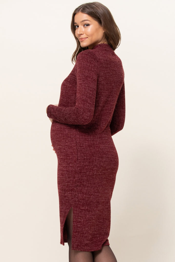 Burgundy Textured Sweater Knit Side Slit Maternity Bodycon Dress